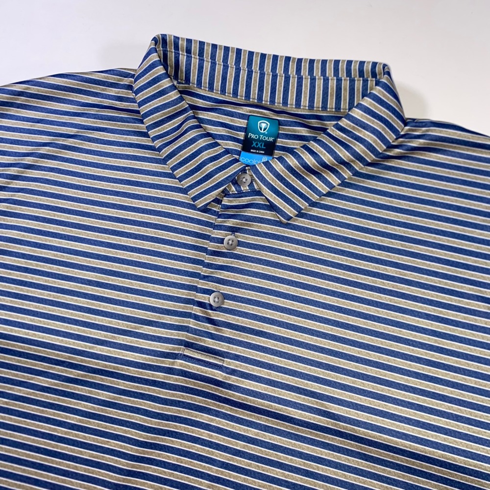 Pro Tour Coolplay Mens XXL Blue Tan Striped Performance Golf Polo Shirt W207